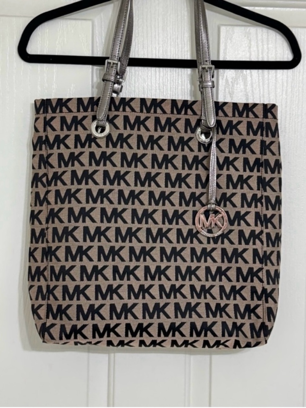 Michael Kors Tan and Black Signature MK Tote with Metallic Silver Straps